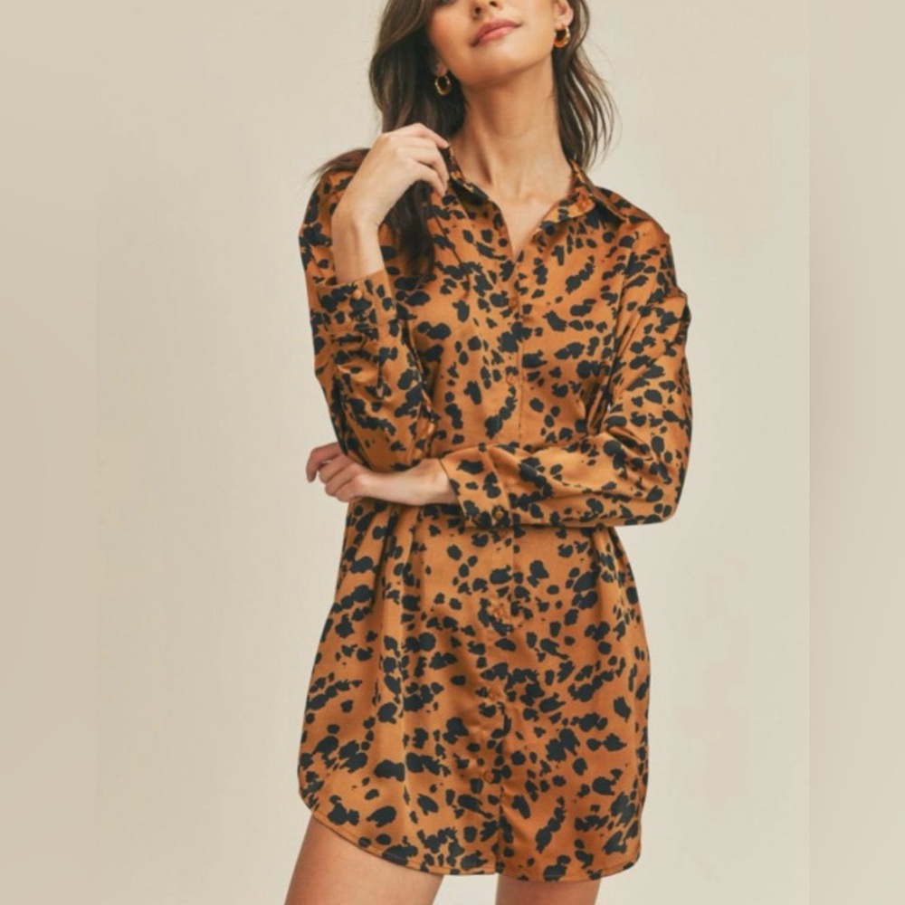 LUSH Caramel Leopard A-Line Pleated Button Down Dress